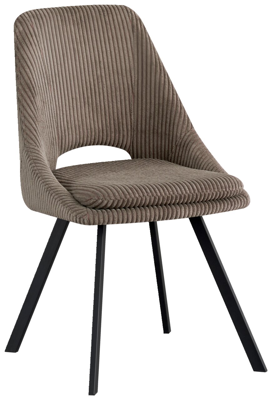 Moderner Stuhl mit geripptem Stoffbezug und schwarzen Metallbeinen, seitliche Perspektive