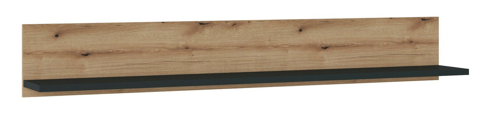 Wandboard aus Holz mit dunklem Regalbrett, frontale Perspektive