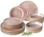 Geschirrset Terra 18-tlg. in warmen Erdtönen mit floralem Muster, bestehend aus flachen und tiefen Tellern sowie Schalen, aus seitlicher Perspektive fotografiert.