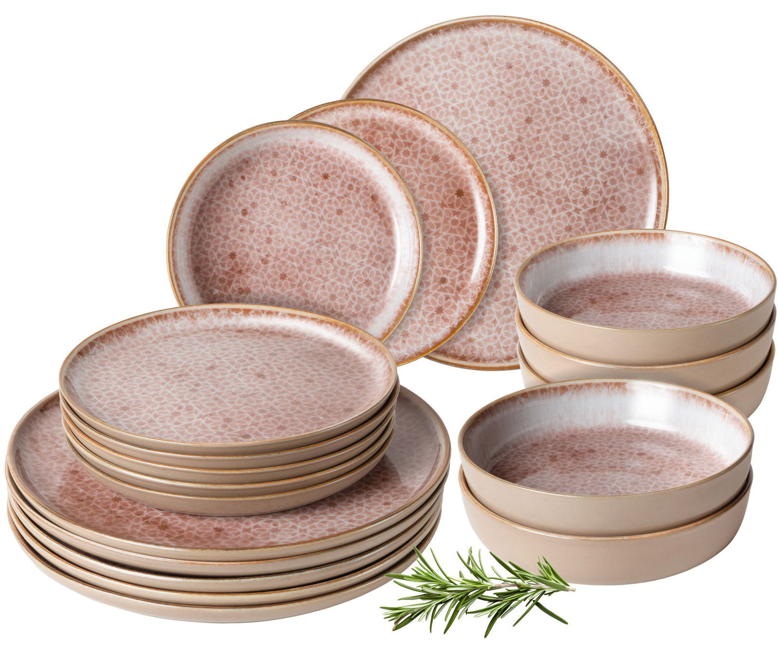 Geschirrset Terra 18-tlg. in warmen Erdtönen mit floralem Muster, bestehend aus flachen und tiefen Tellern sowie Schalen, aus seitlicher Perspektive fotografiert.