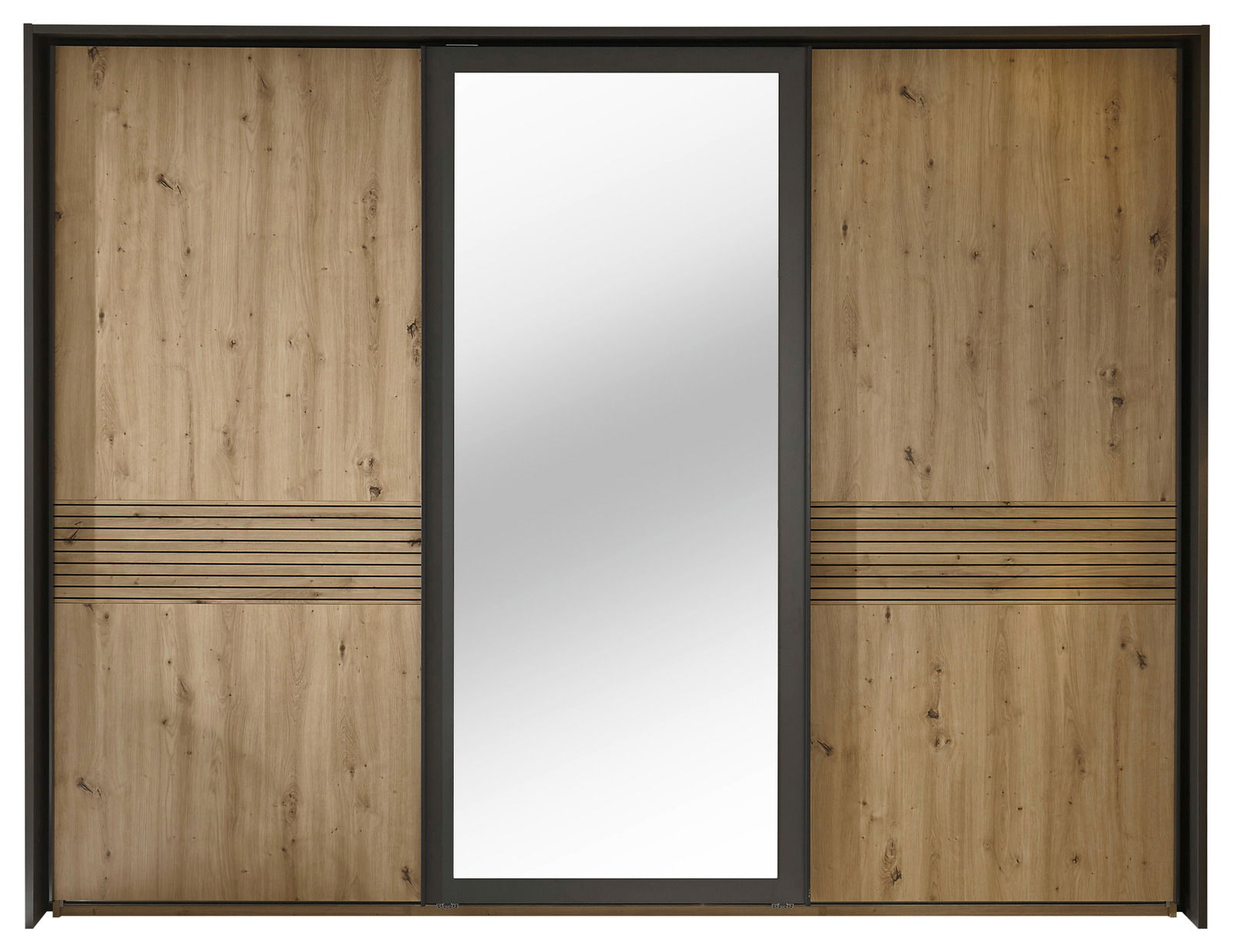 Schwebetürenschrank mit drei Türen, mittlere Tür mit Spiegel, Holzoptik, frontale Ansicht