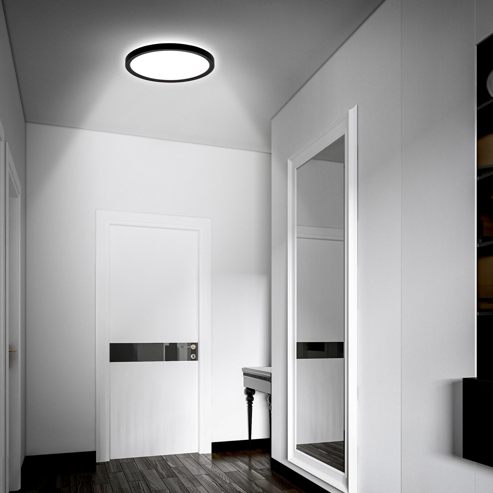 Moderne led-plafondlamp met bewegingssensor, geïnstalleerd in een elegante gang, gezien vanuit een laag standpunt.