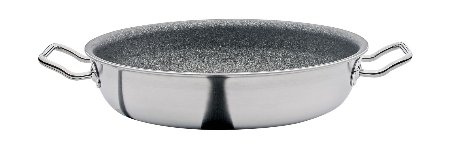 Große Servierpfanne aus Edelstahl mit zwei Griffen, seitliche Perspektive