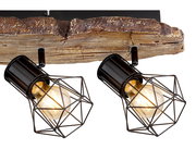 Zweiflammiger Strahler mit rustikalem Holzdesign und schwarzem Metallgitter, seitliche Perspektive