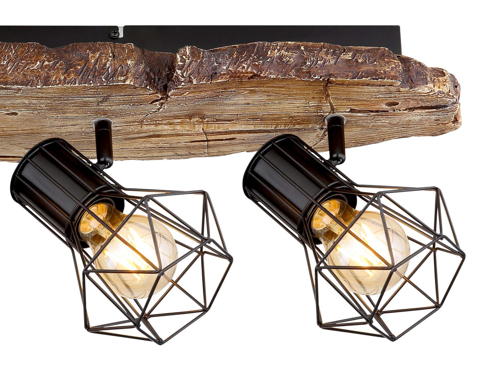 Zweiflammiger Strahler mit rustikalem Holzdesign und schwarzem Metallgitter, seitliche Perspektive