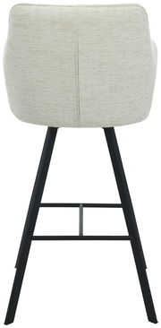 Rückansicht eines Barhockers mit hellem Stoffbezug und schwarzem Metallgestell.