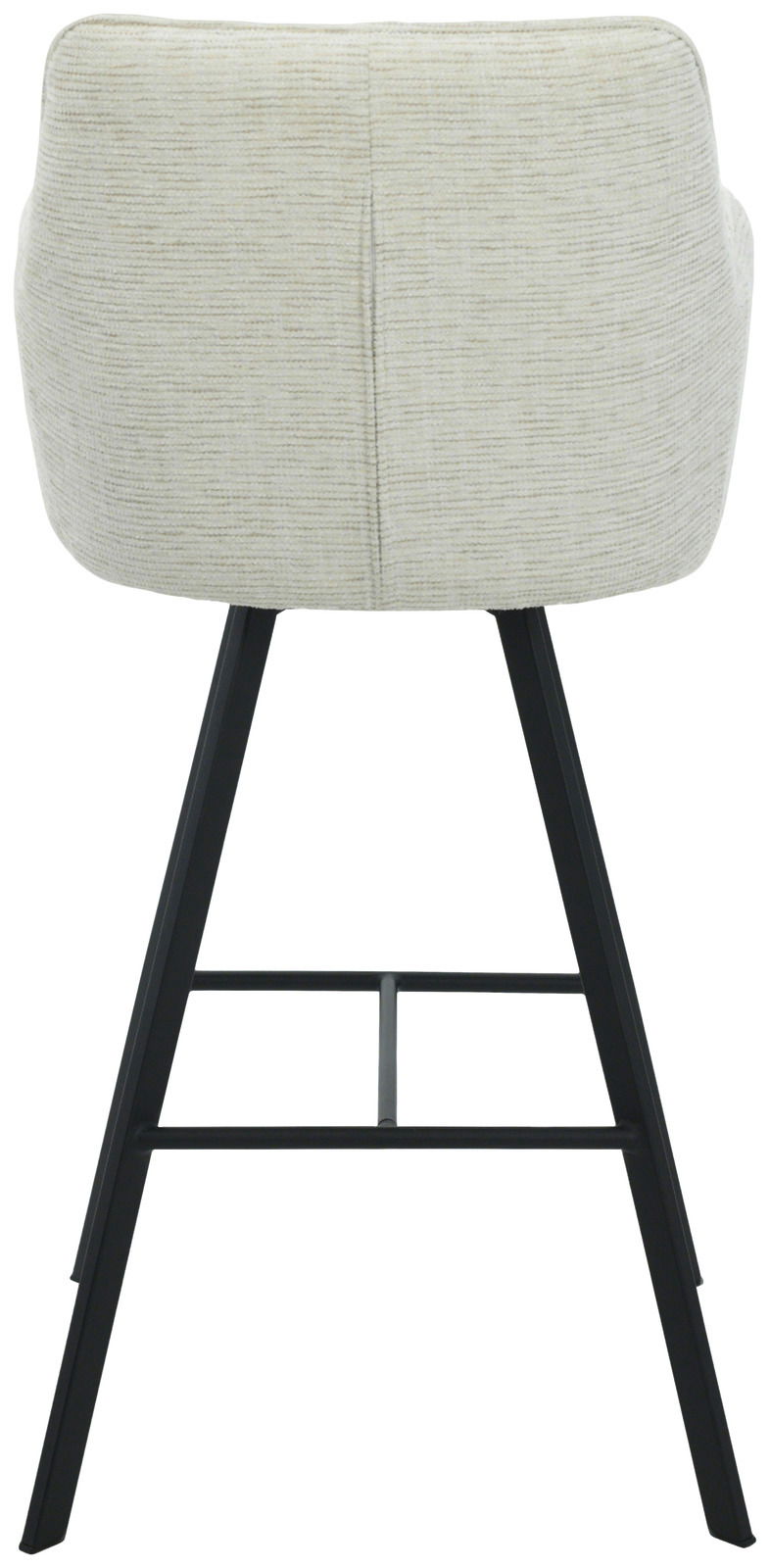 Rückansicht eines Barhockers mit hellem Stoffbezug und schwarzem Metallgestell.