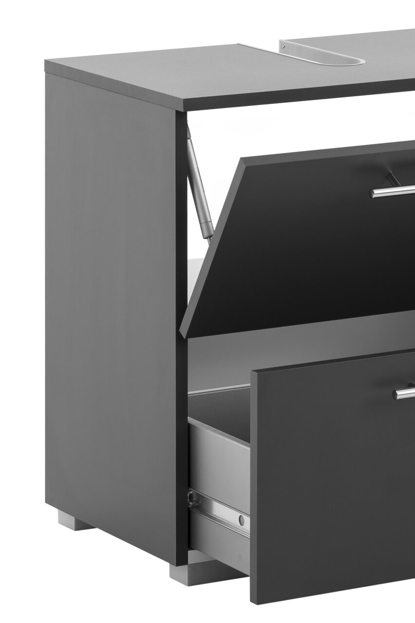 Moderner Waschbeckenunterschrank in dunklem Design, teilweise geöffnet, seitliche Perspektive.