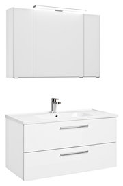 Moderner weißer Badblock mit Waschbecken und Spiegelschrank, seitliche Perspektive