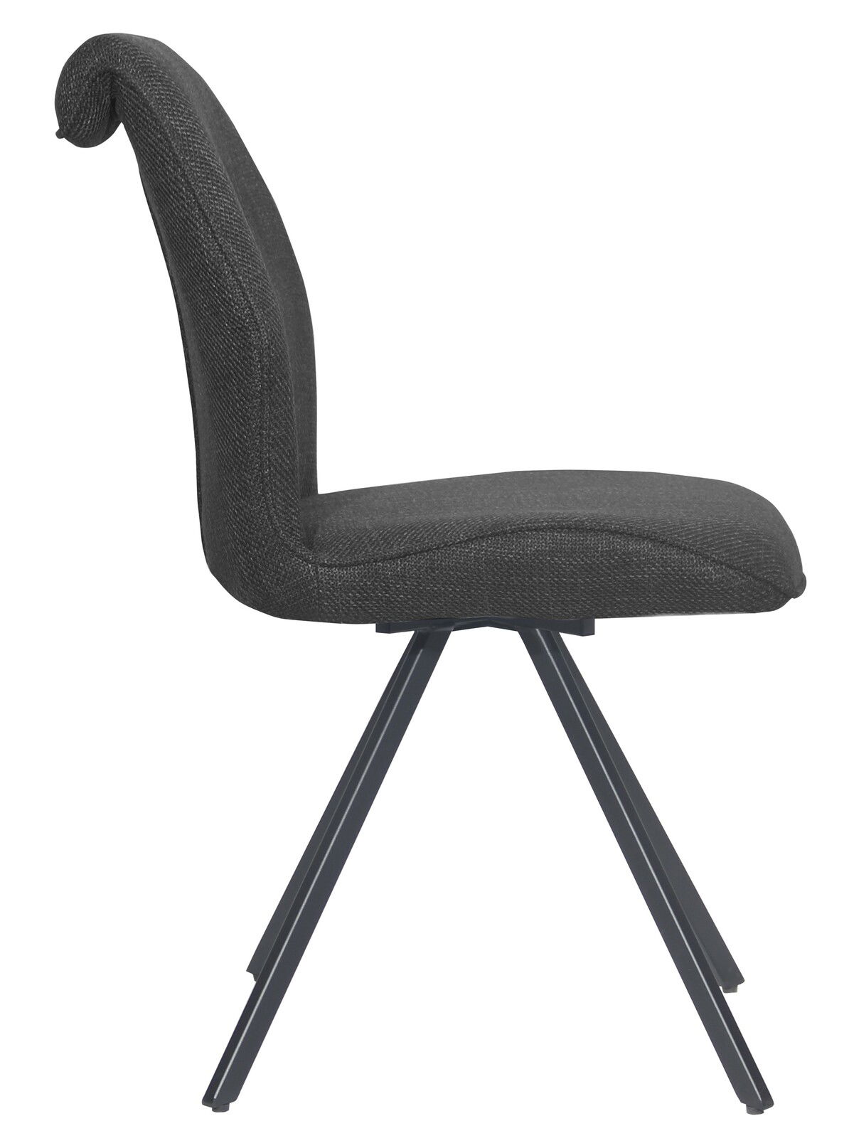 Moderner Stuhl mit schwarzem Stoffbezug und Metallbeinen, Seitenansicht