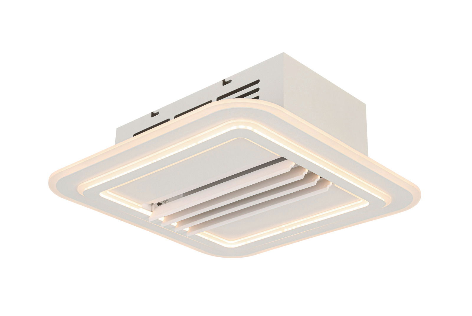 Moderner Deckenventilator mit rechteckigem Design und integrierter Beleuchtung, seitliche Perspektive