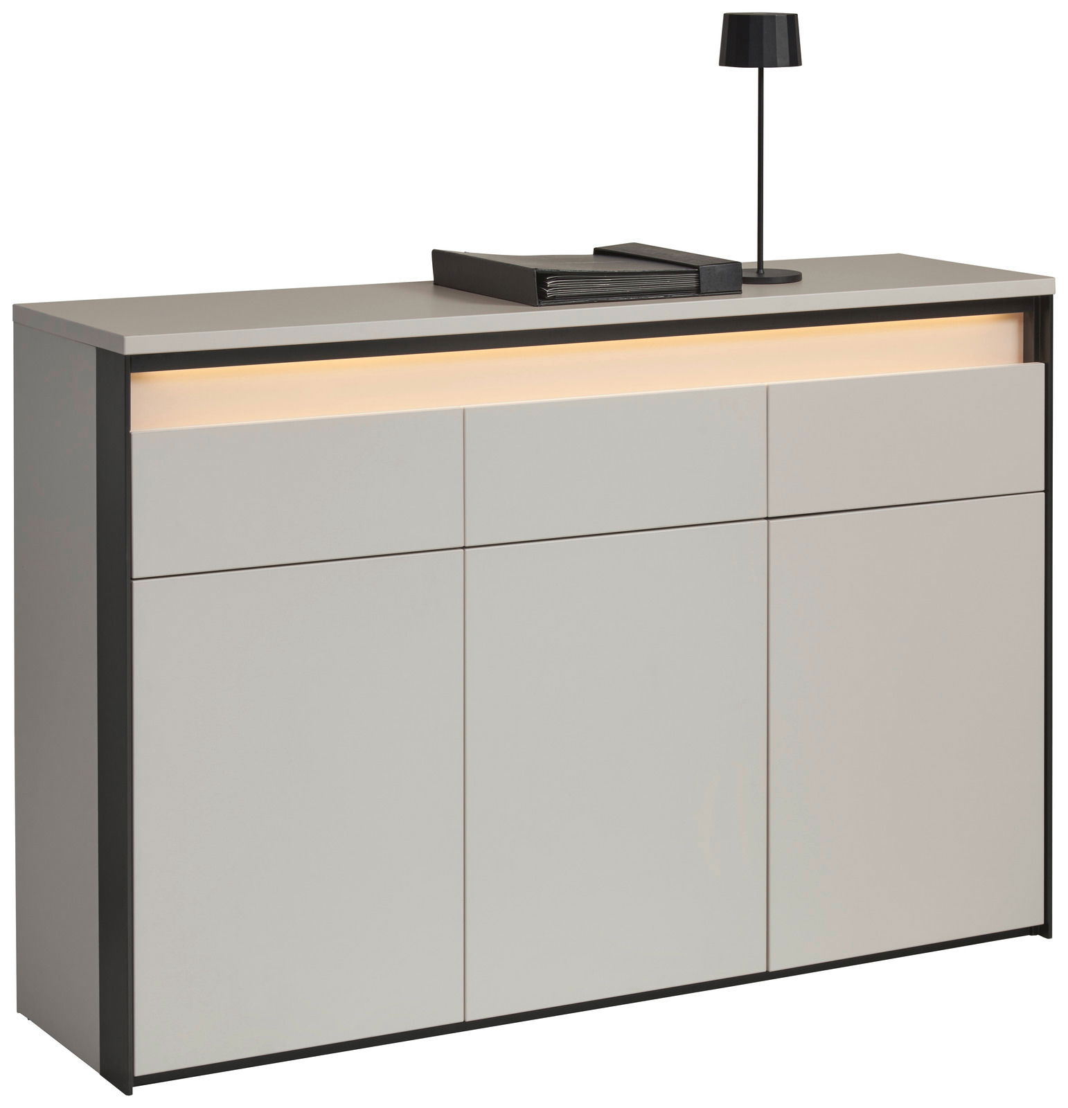 Modernes Sideboard in hellem Grau mit integrierter Beleuchtung, seitliche Perspektive