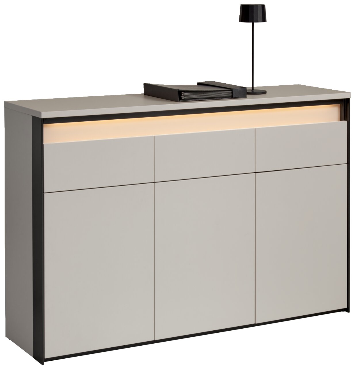 Voleo Sideboard ZAYA Modernes Sideboard in hellem Grau mit integrierter Beleuchtung, seitliche Perspektive