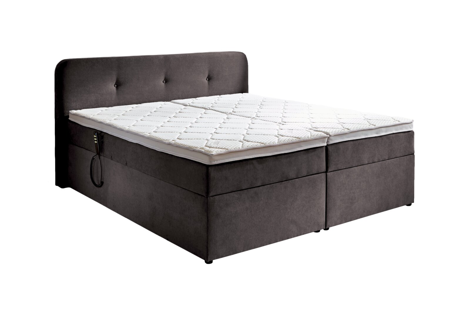 Boxbed met motor, gezien vanaf de zijkant, donkergrijs met een wit matras en een hoofdeinde met knoopdetails