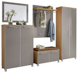 Garderoben-Set 6-tlg. in moderner Holz- und Hochglanzoptik, bestehend aus einem Spiegel, zwei Schränken, einer Sitzbank mit Stauraum und einer Wandgarderobe mit Haken und Ablage, frontal abgebildet.