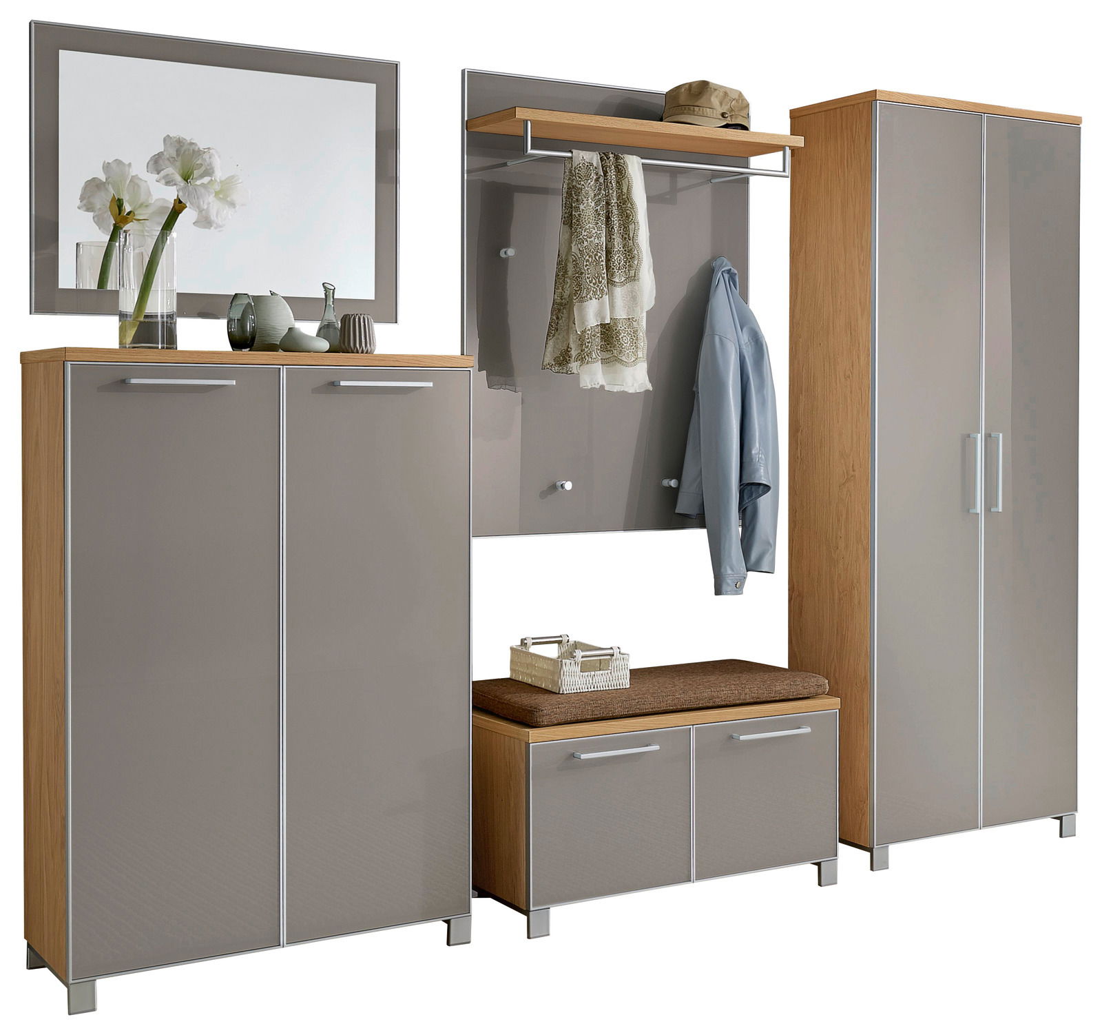 VOSS Garderoben-Set 6-tlg. SANTINA Garderoben-Set 6-tlg. in moderner Holz- und Hochglanzoptik, bestehend aus einem Spiegel, zwei Schränken, einer Sitzbank mit Stauraum und einer Wandgarderobe mit Haken und Ablage, frontal abgebildet.