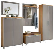 Garderoben-Set 6-tlg. in moderner Holz- und Hochglanzoptik, bestehend aus einem Spiegel, zwei Schränken, einer Sitzbank mit Stauraum und einer Wandgarderobe mit Haken und Ablage, frontal abgebildet.