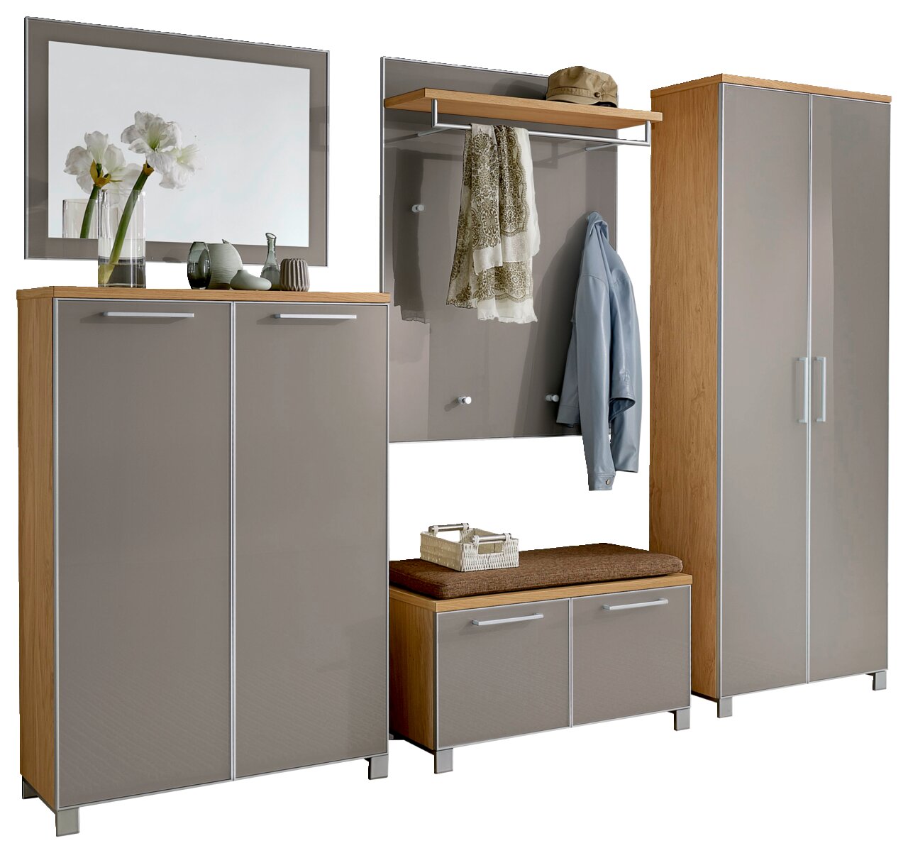 Garderoben-Set 6-tlg. in moderner Holz- und Hochglanzoptik, bestehend aus einem Spiegel, zwei Schränken, einer Sitzbank mit Stauraum und einer Wandgarderobe mit Haken und Ablage, frontal abgebildet.