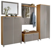 Garderoben-Set 6-tlg. in moderner Holz- und Hochglanzoptik, bestehend aus einem Spiegel, zwei Schränken, einer Sitzbank mit Stauraum und einer Wandgarderobe mit Haken und Ablage, frontal abgebildet.