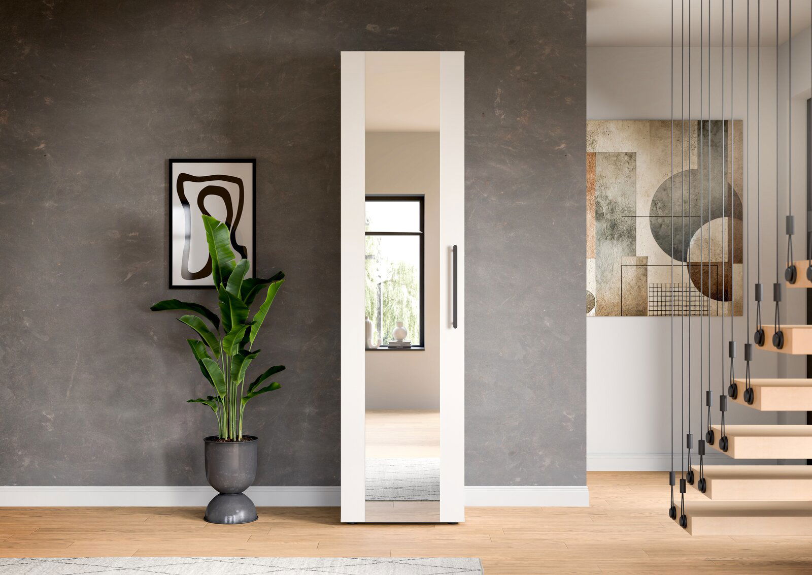 Moderner Spiegelschrank in einem stilvollen Raum, frontal betrachtet, mit einer Pflanze und Kunst an der Wand.