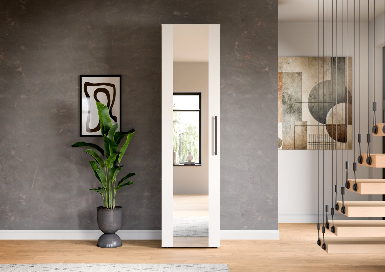 Moderner Spiegelschrank in einem stilvollen Raum, frontal betrachtet, mit einer Pflanze und Kunst an der Wand.