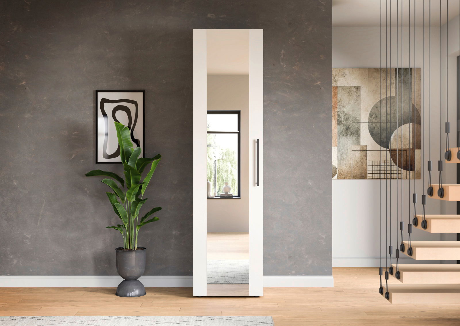 XORA Spiegelschrank HAMBURG Moderner Spiegelschrank in einem stilvollen Raum, frontal betrachtet, mit einer Pflanze und Kunst an der Wand.