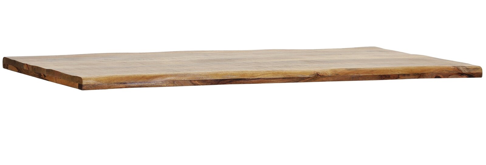 Massive Tischplatte aus naturfarbenem Holz mit markanter Maserung und lebendiger Baumkante, schräg von vorne aus leichter Vogelperspektive dargestellt