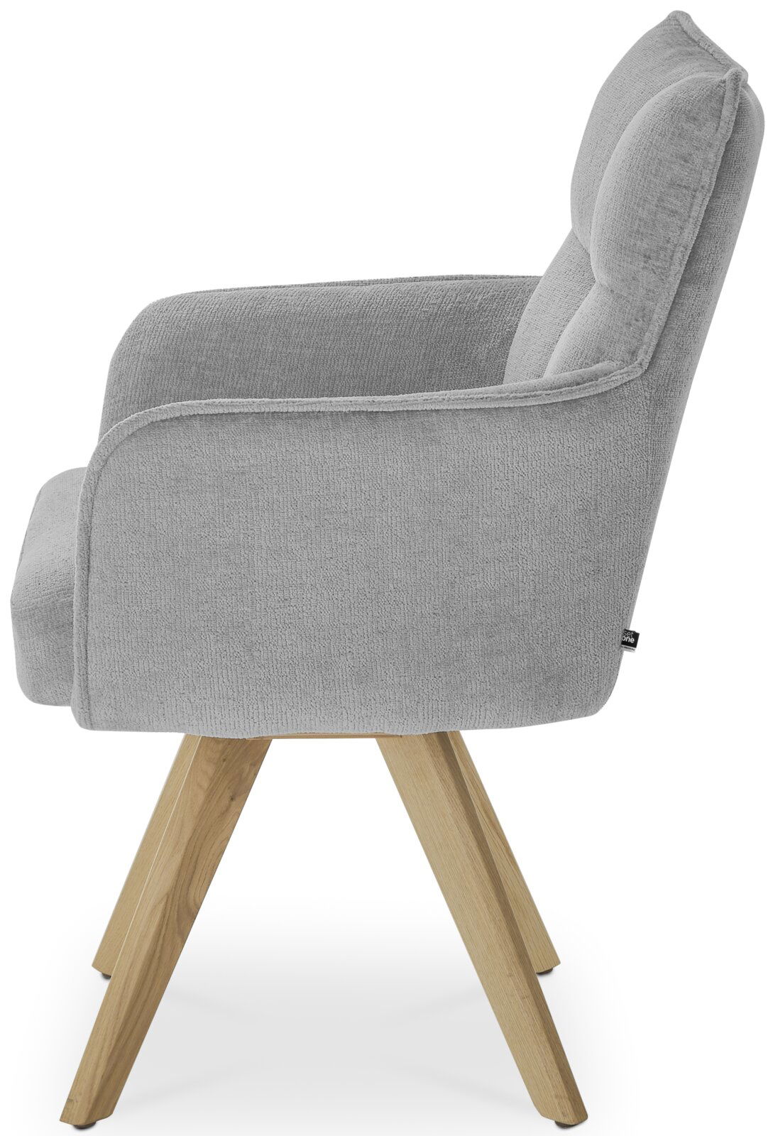 Seitenansicht eines grauen Armlehnstuhls mit Holzbeinen