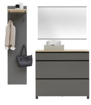 Garderoben-Set 3-tlg. in moderner, grauer Optik mit Wandpaneel, Spiegel und Kommode, frontal betrachtet.