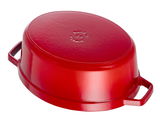 Roter ovaler Bräter Cocotte 29cm, Ansicht von unten mit sichtbaren Griffen und Prägung 'Made in France'.