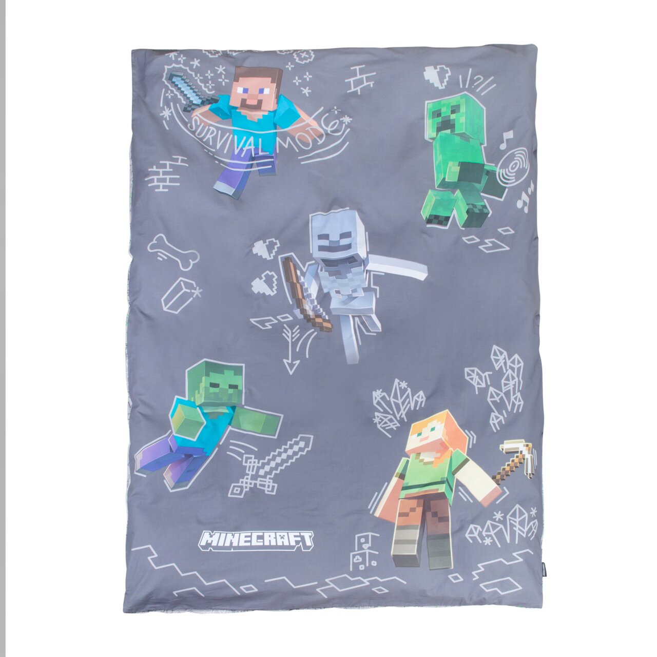 Graue Minecraft-Bettdecke mit bunten Pixel-Figuren (Steve, Alex, Creeper, Zombie, Skelett) und „Survival Mode“-Motiv, Draufsicht von oben