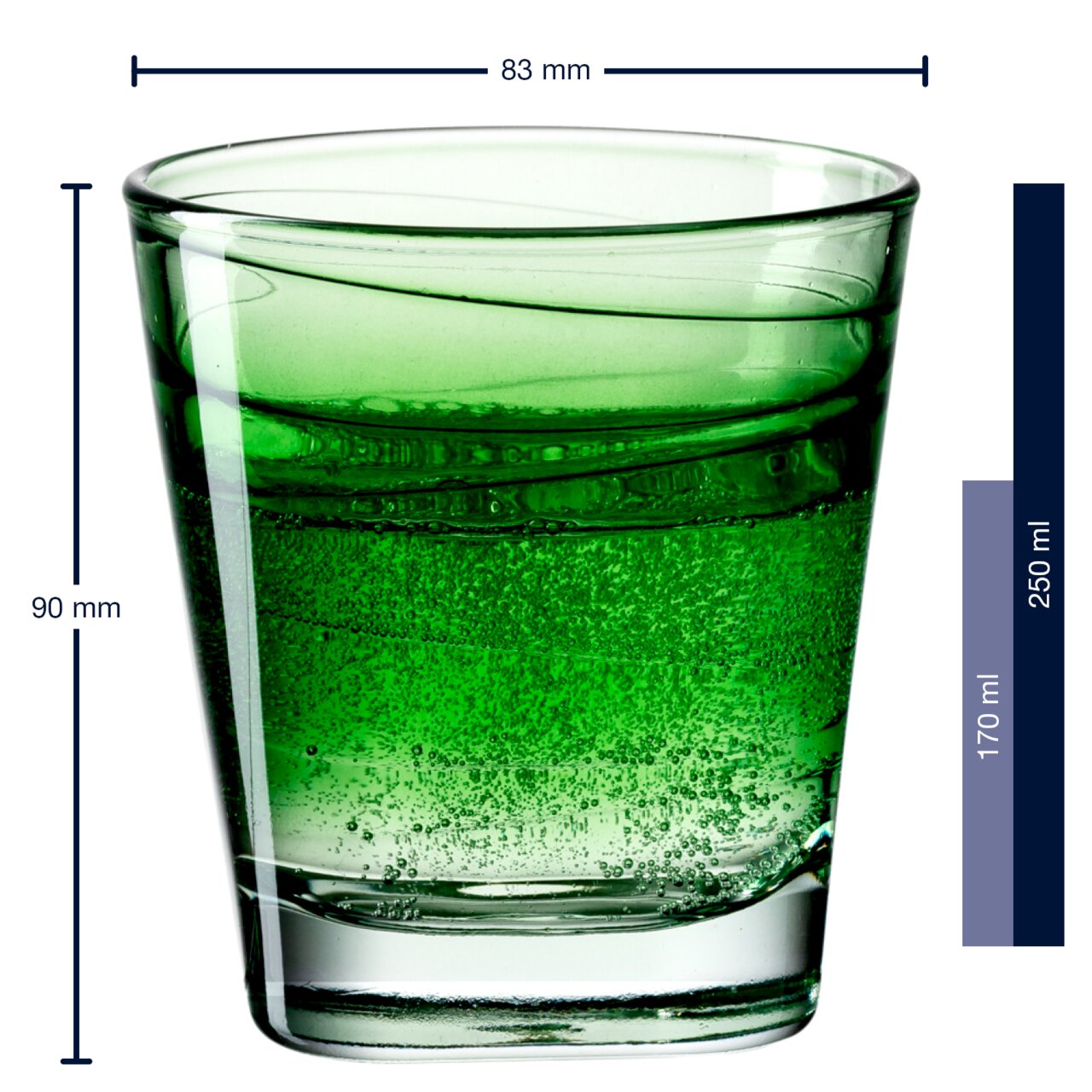 Groen drinkglas Vario 250 ml, zijaanzicht met afmetingen