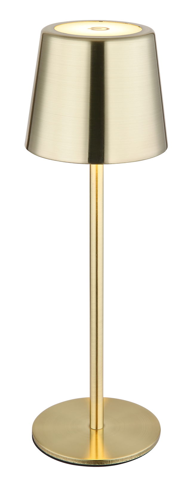 Elegante Tischleuchte aus gebürstetem Metall in Goldoptik, frontal abgebildet.