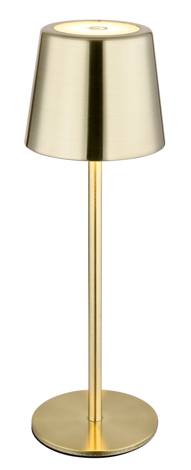 Elegante Tischleuchte aus gebürstetem Metall in Goldoptik, frontal abgebildet.