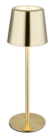 Elegante Tischleuchte aus gebürstetem Metall in Goldoptik, frontal abgebildet.