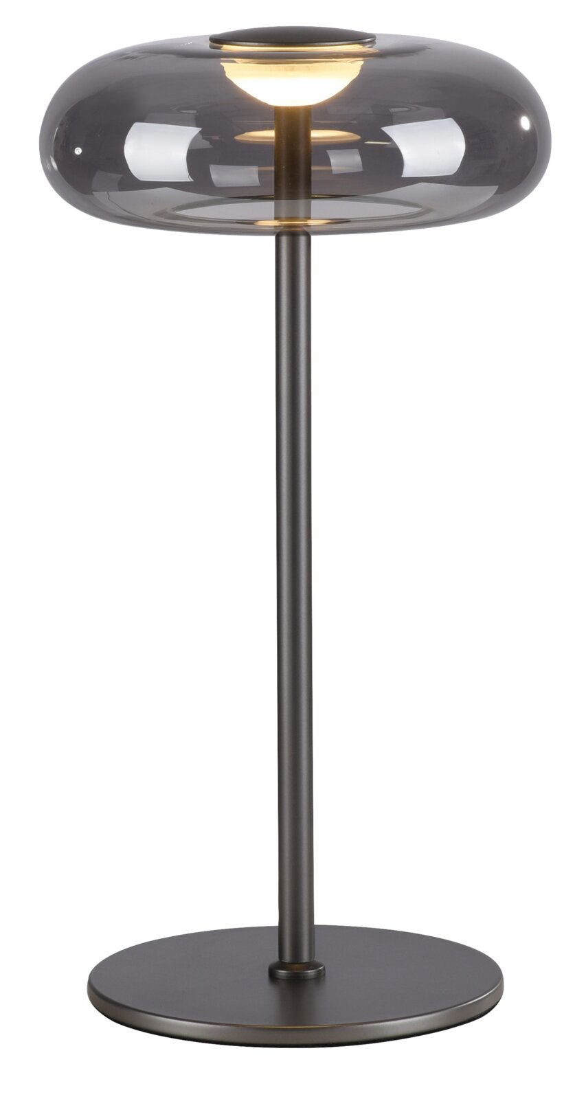 Schöner Wohnen LED-Tischleuchte POSH Moderne Tischleuchte mit rauchgrauem Glas-Schirm und schwarzem Metallfuß, eingeschaltet, freigestellt auf weißem Hintergrund, Frontansicht