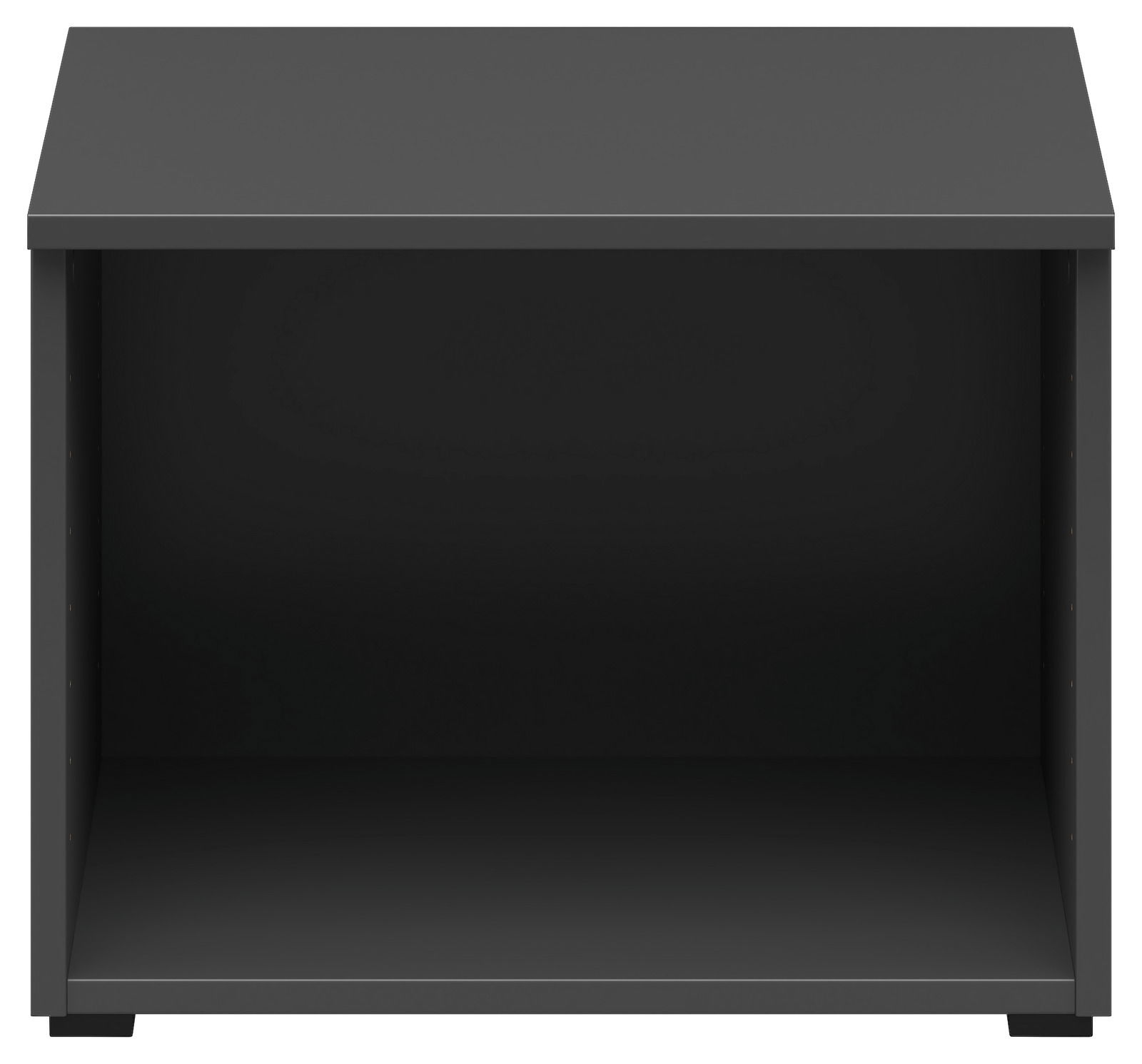 Schwarzer Regalaufsatz aus der Frontansicht