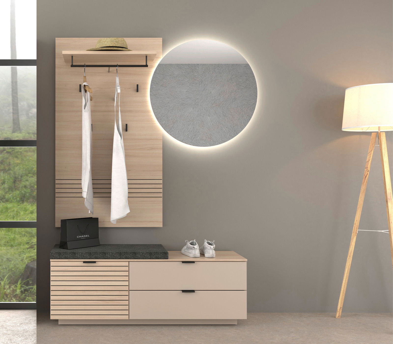 Voleo Garderoben-Set 3-tlg. INA Moderne Garderobeneinrichtung mit Holzpaneel, runder beleuchteter Spiegel, Schuhschrank und Kleiderhaken, seitliche Perspektive.