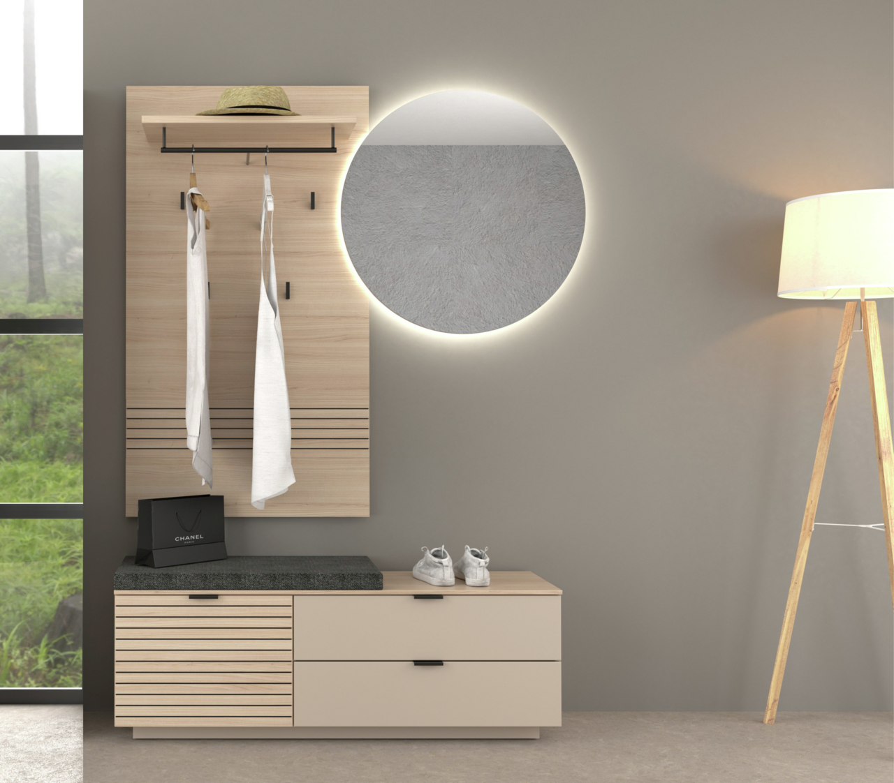 Voleo Garderoben-Set 3-tlg. INA Moderne Garderobeneinrichtung mit Holzpaneel, runder beleuchteter Spiegel, Schuhschrank und Kleiderhaken, seitliche Perspektive.