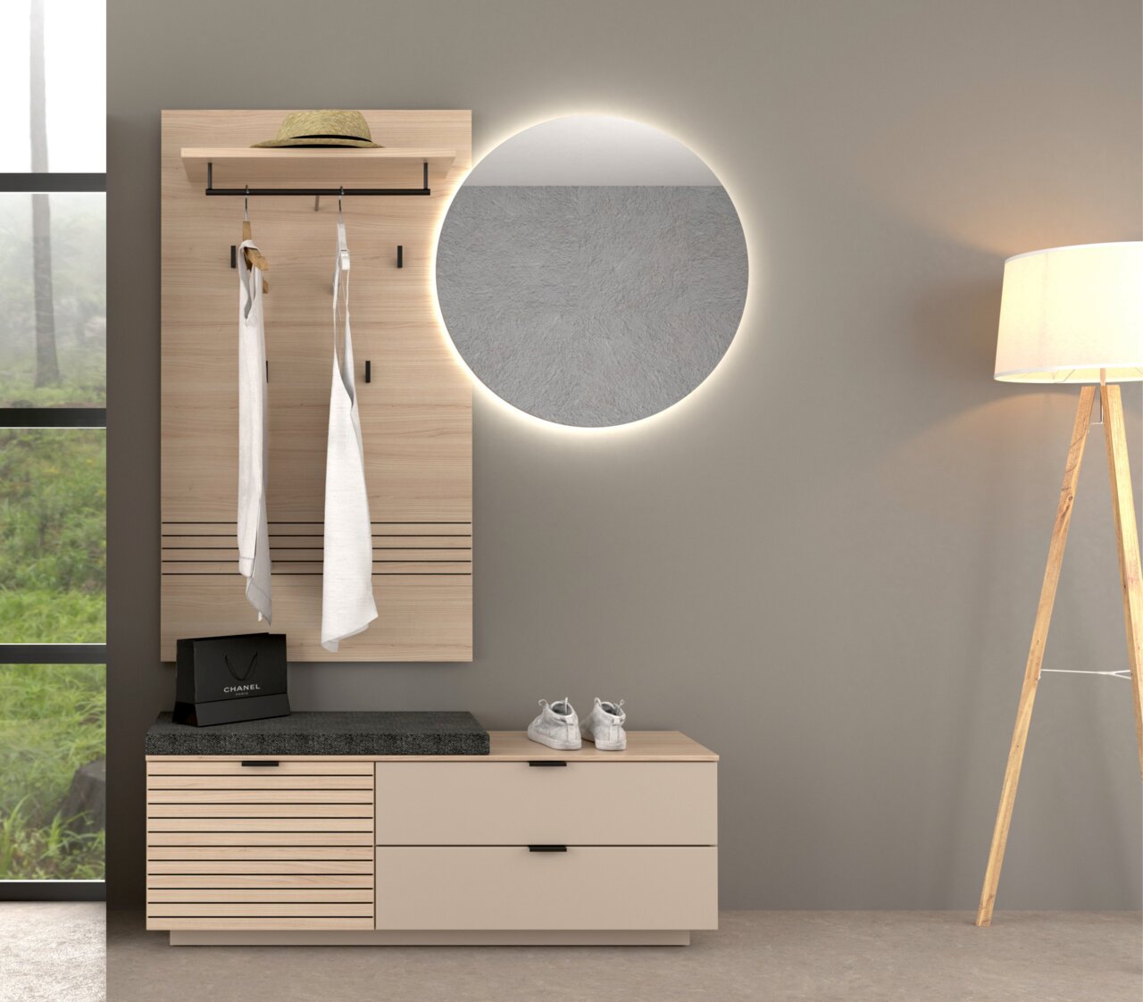 Moderne Garderobeneinrichtung mit Holzpaneel, runder beleuchteter Spiegel, Schuhschrank und Kleiderhaken, seitliche Perspektive.