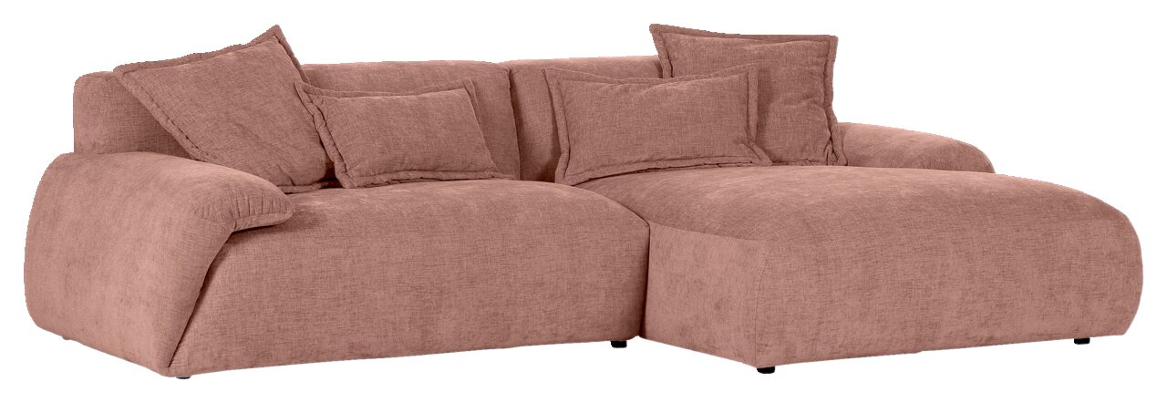 Beige Ecksofa mit mehreren Kissen, seitliche Perspektive