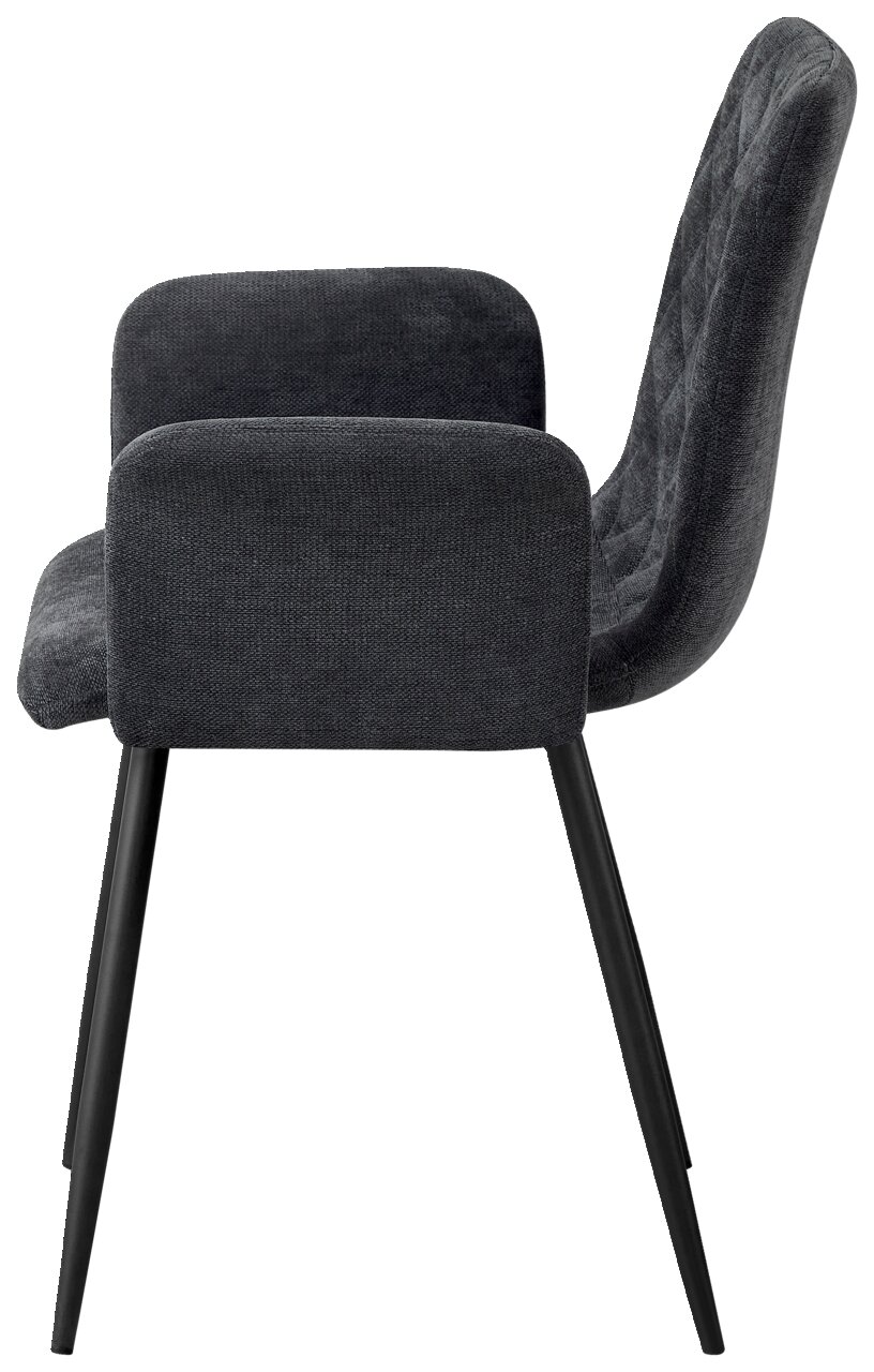 Seitenansicht eines modernen Armlehnstuhls mit schwarzem Stoffbezug und schwarzen Metallbeinen.