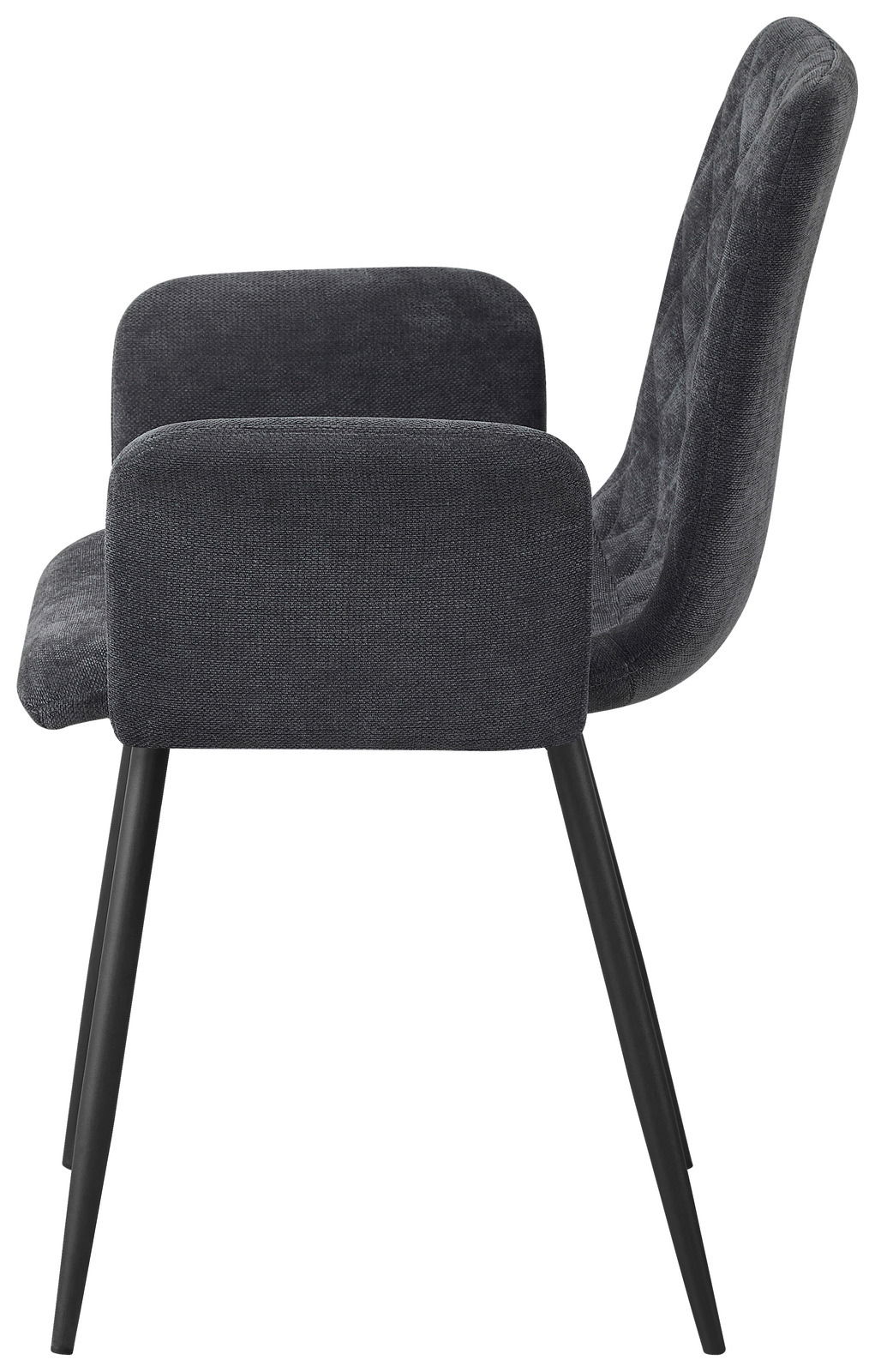Seitenansicht eines modernen Armlehnstuhls mit schwarzem Stoffbezug und schwarzen Metallbeinen.