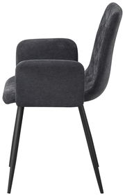 Seitenansicht eines modernen Armlehnstuhls mit schwarzem Stoffbezug und schwarzen Metallbeinen.