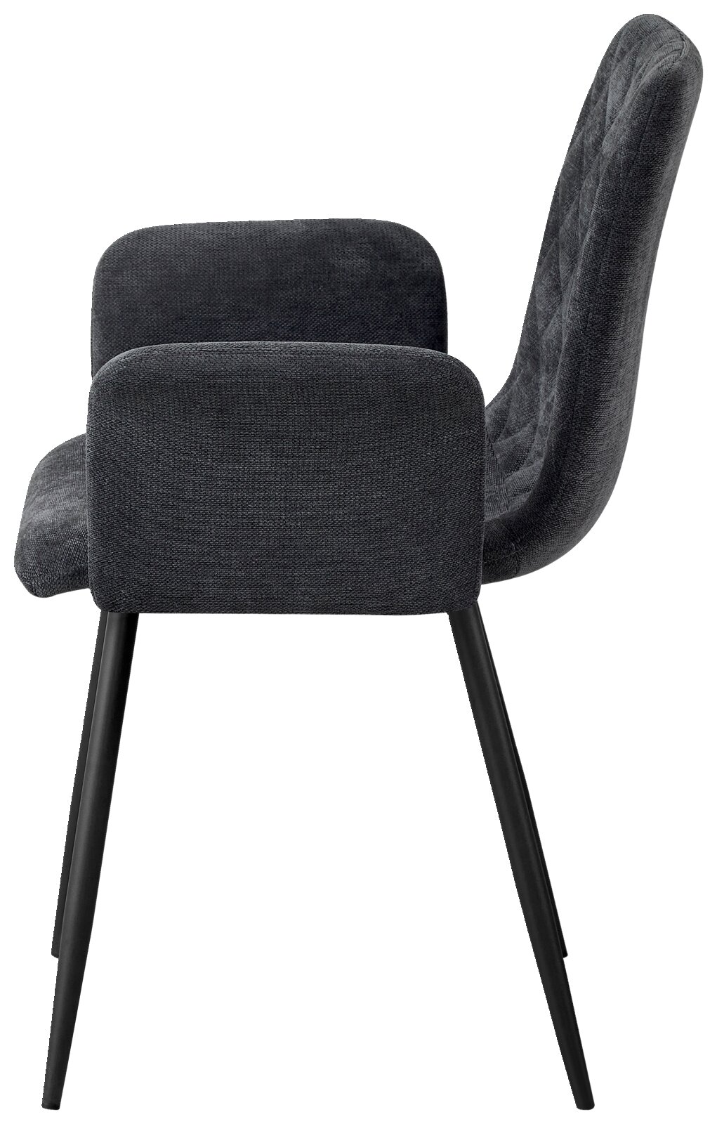 Zijaanzicht van een moderne fauteuil met zwarte stoffen bekleding en zwarte metalen poten.