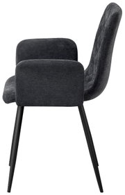 Zijaanzicht van een moderne fauteuil met zwarte stoffen bekleding en zwarte metalen poten.