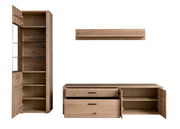 Frontale Ansicht der Cantus Wandkombination ASINARA aus Holz mit einem hohen Schrank, einem niedrigen TV-Schrank und einem Wandregal.