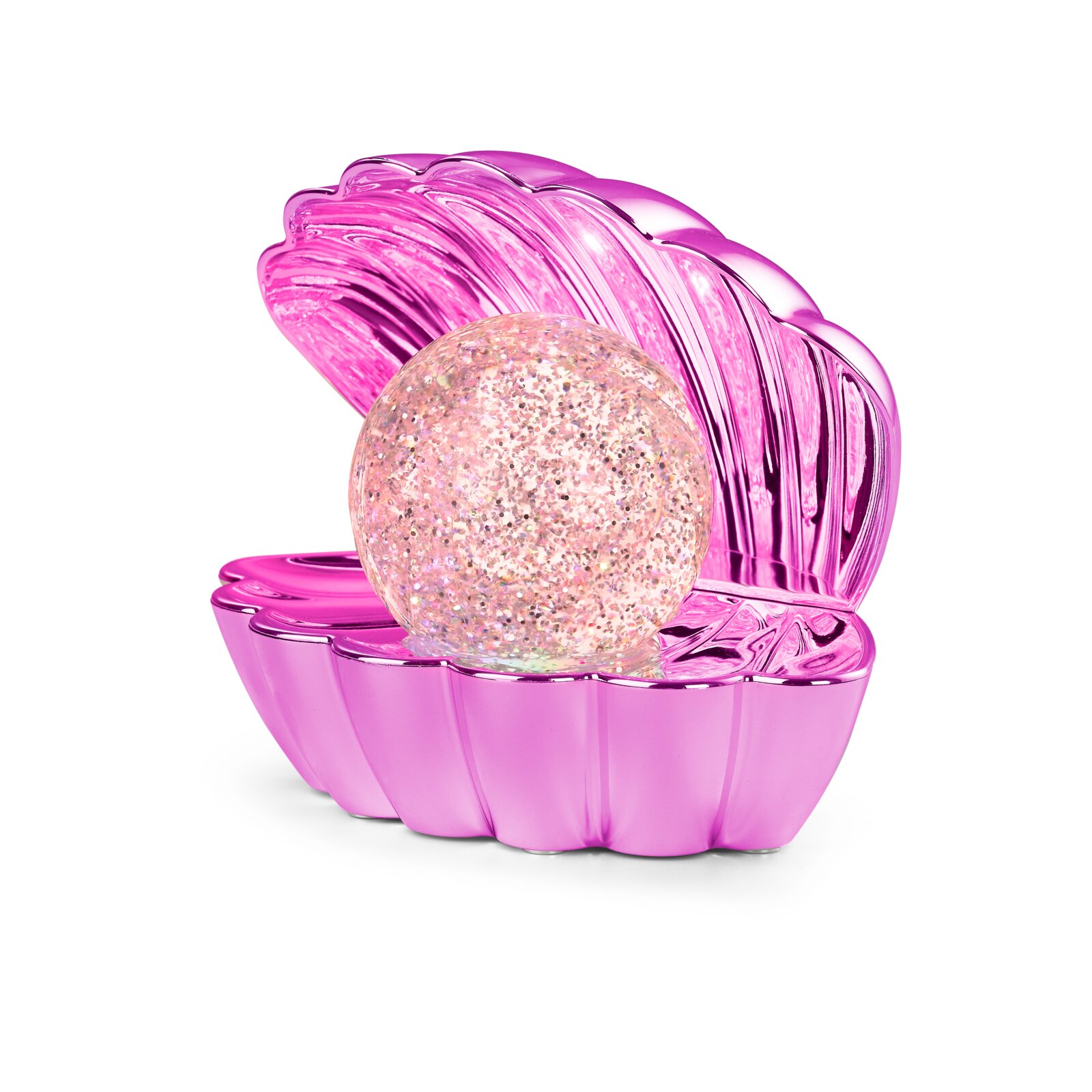 LED-Tischleuchte in Form einer geöffneten rosa Muschel mit glitzerndem Ball, seitliche Perspektive