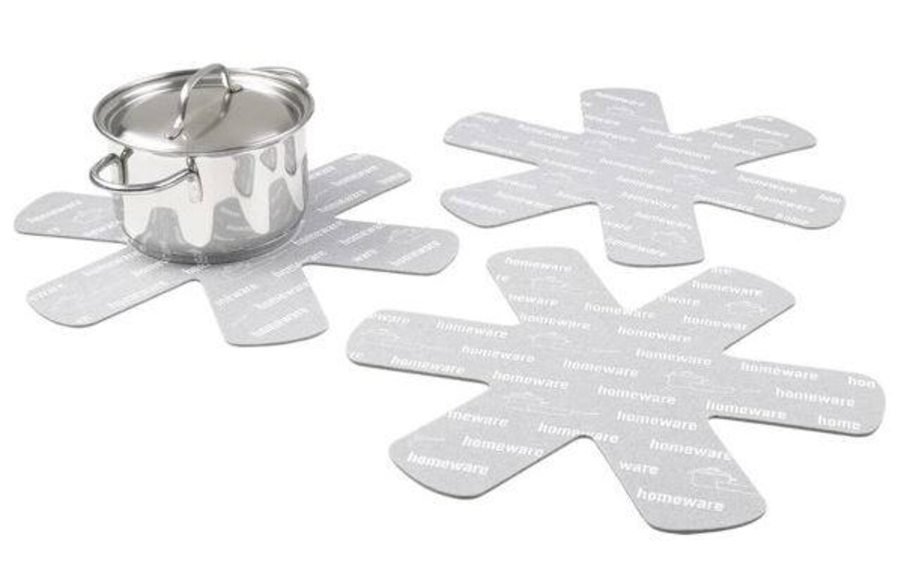 BOXXX Pfannenschutz 3tlg. Drei graue Pfannenschützer in sternförmigem Design, auf einer weißen Oberfläche liegend, mit einem Edelstahltopf im Hintergrund. Perspektive von oben.