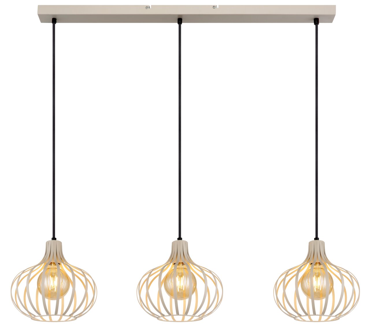 Hanglamp met drie lampen en moderne, open lampenkappen van metaal met een draadachtige look, gezien van voren.